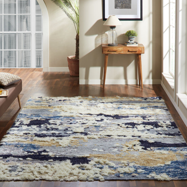 Rosecliff Heights Emely Abstract Hand Knotted Wool Blue Area Rug